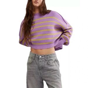 NWT Free People Easy Street Stripe Crop Pullover Sweater Oversized Purple